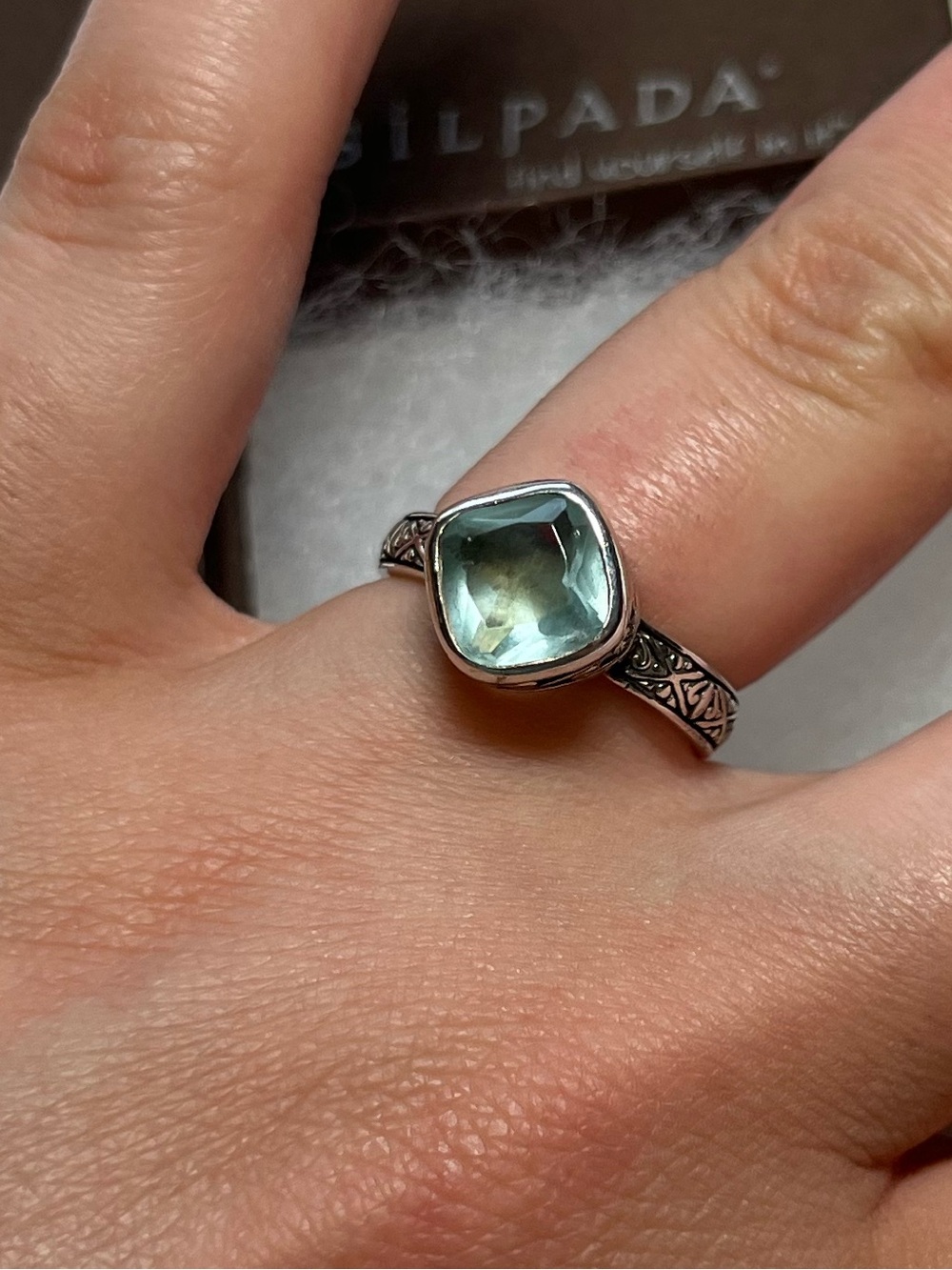 Silpada retired Sterling silver Filigree band with Aqua blue stone. Size 6.5